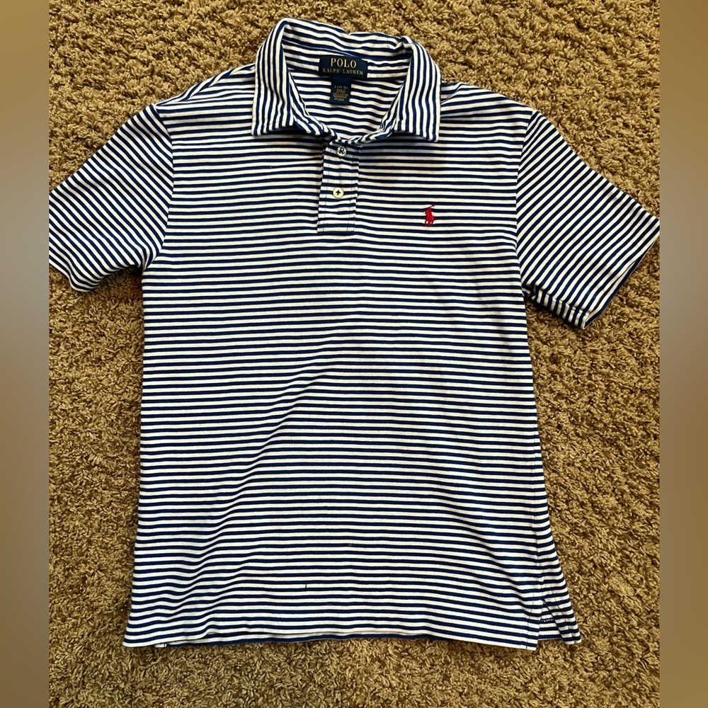 Polo by Ralph Lauren Boys Navy and White Striped Polo with Red Pony
